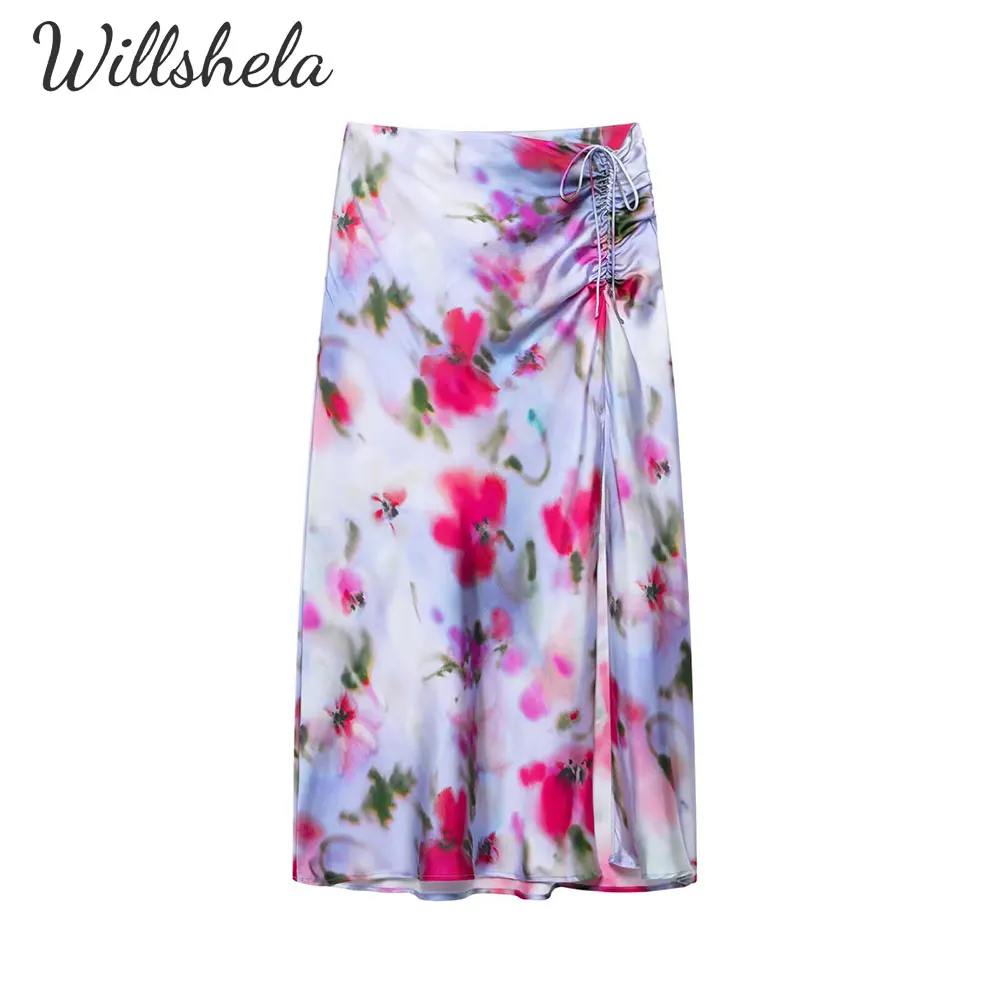 

Willshela Women Fashion Printed Satin Midi Skirt Front Slit Female Chic Lady Casual Long Skirt