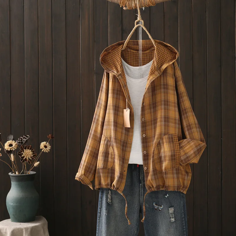 2026 Pure Cotton Yarn Loose Hooded Plaid Shirts for Women Autumn Spring Casual Blouses Females Hoodies Classic Jacket Outwear