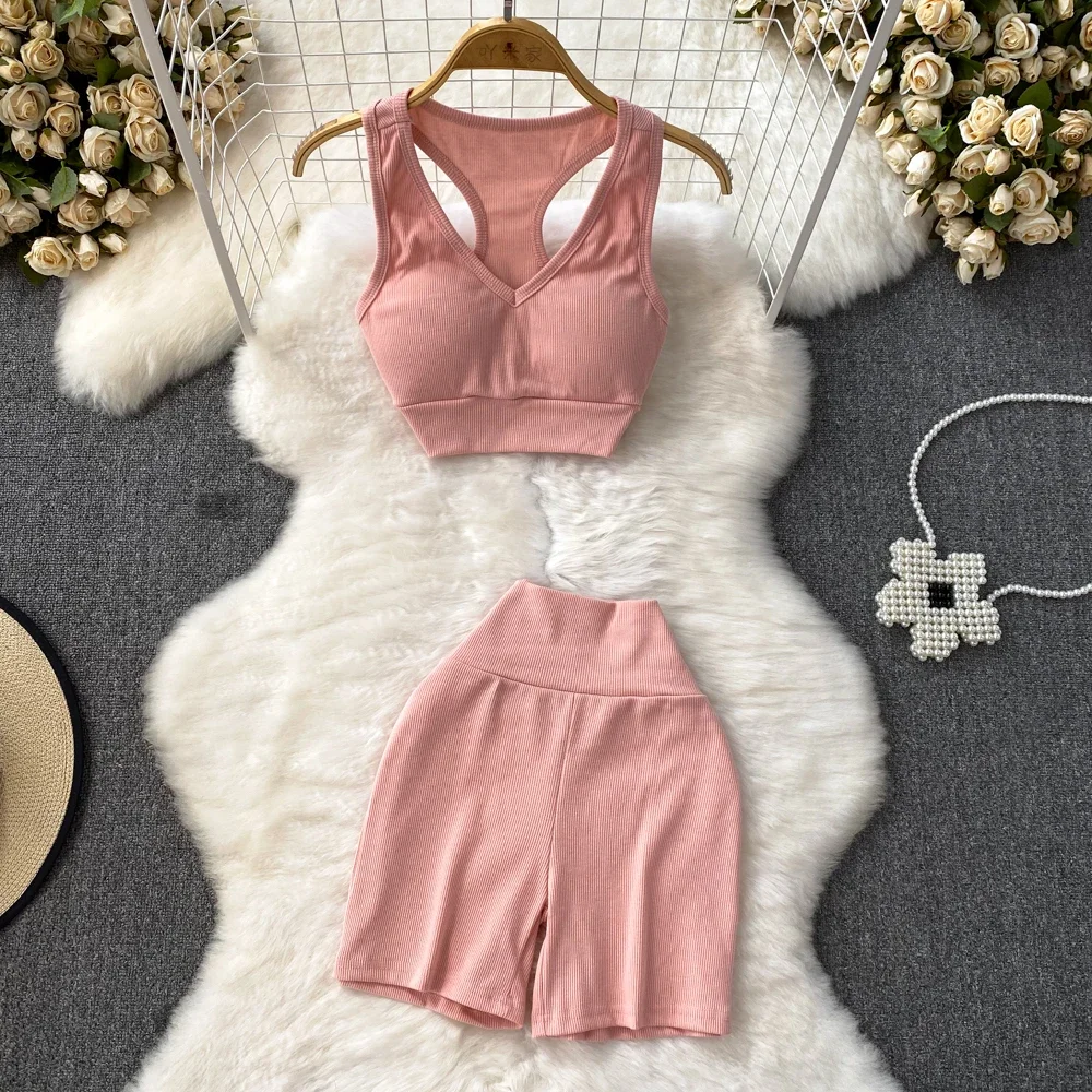 Summer Two Pieces Shorts Sets Women Sports Backless Sleeveless Tank Top with Elastic High Waist Wide Leg Shorts Fashion Sets