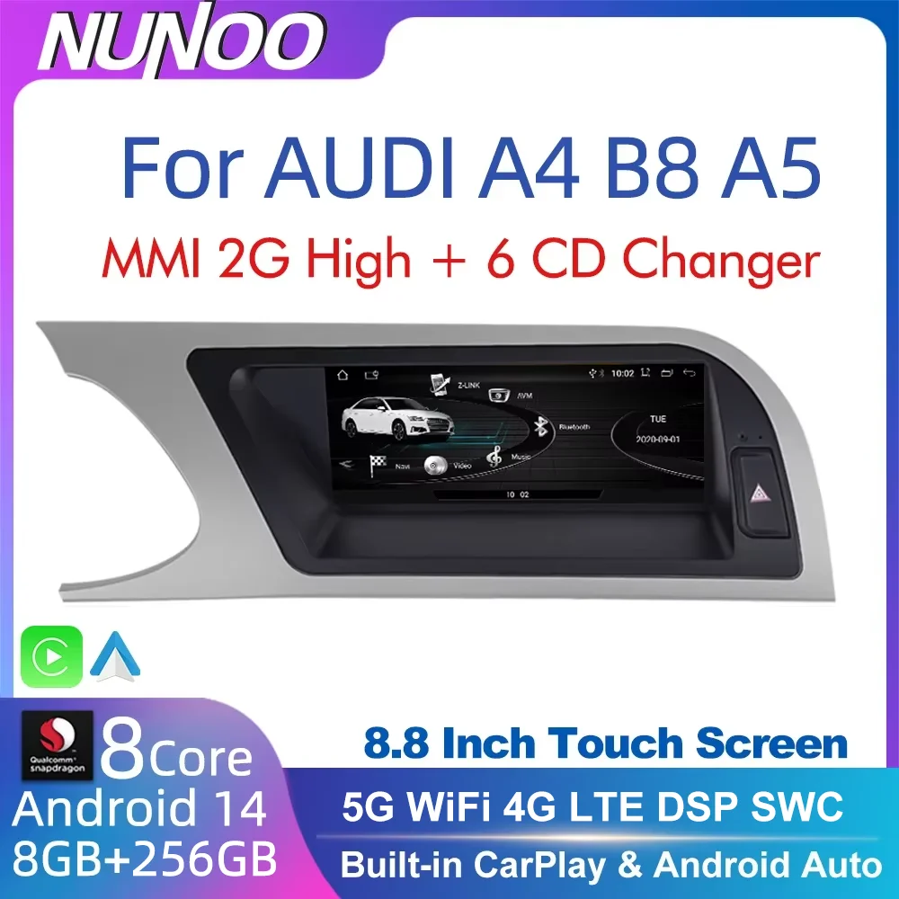 

Android 14 8+256GB CarPlay For Audi A4 B8 A5 2008 2009 2010 MMI 2G High CD Changer Car Multimedia Player Stereo GPS Navi Screen
