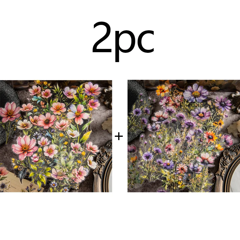 Adhesivo floral transparente de 2 piezas, hecho de material PET impermeable, adecuado para decorar papelería, diarios, álbumes de recortes, etc.
