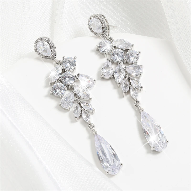 ZAKOL Fashion Water Drop Marquise Zircon Dangle Earrings for Women Shinny Crystal Leaf Long Earring Bridal Wedding Jewelry