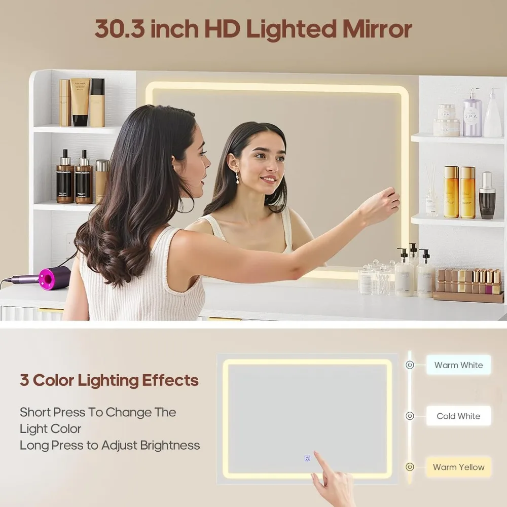 Bedroom Beauty Room  Fluted Vanity Table 30.3in Lighted Mirror 5 Drawers 6 Open Storage Built-in Power Strip Makeup Desk