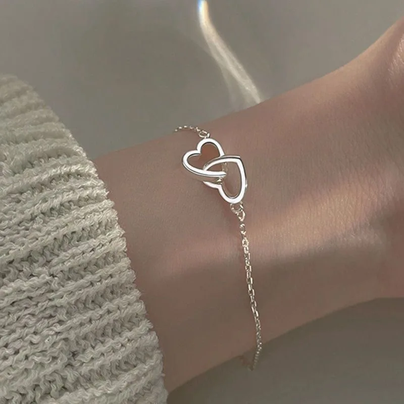 Simple Double Heart Pendant bracelet for Women Couple Stainless Steel Choker Gold Color Chain Wedding Party Friends Jewelry Gift