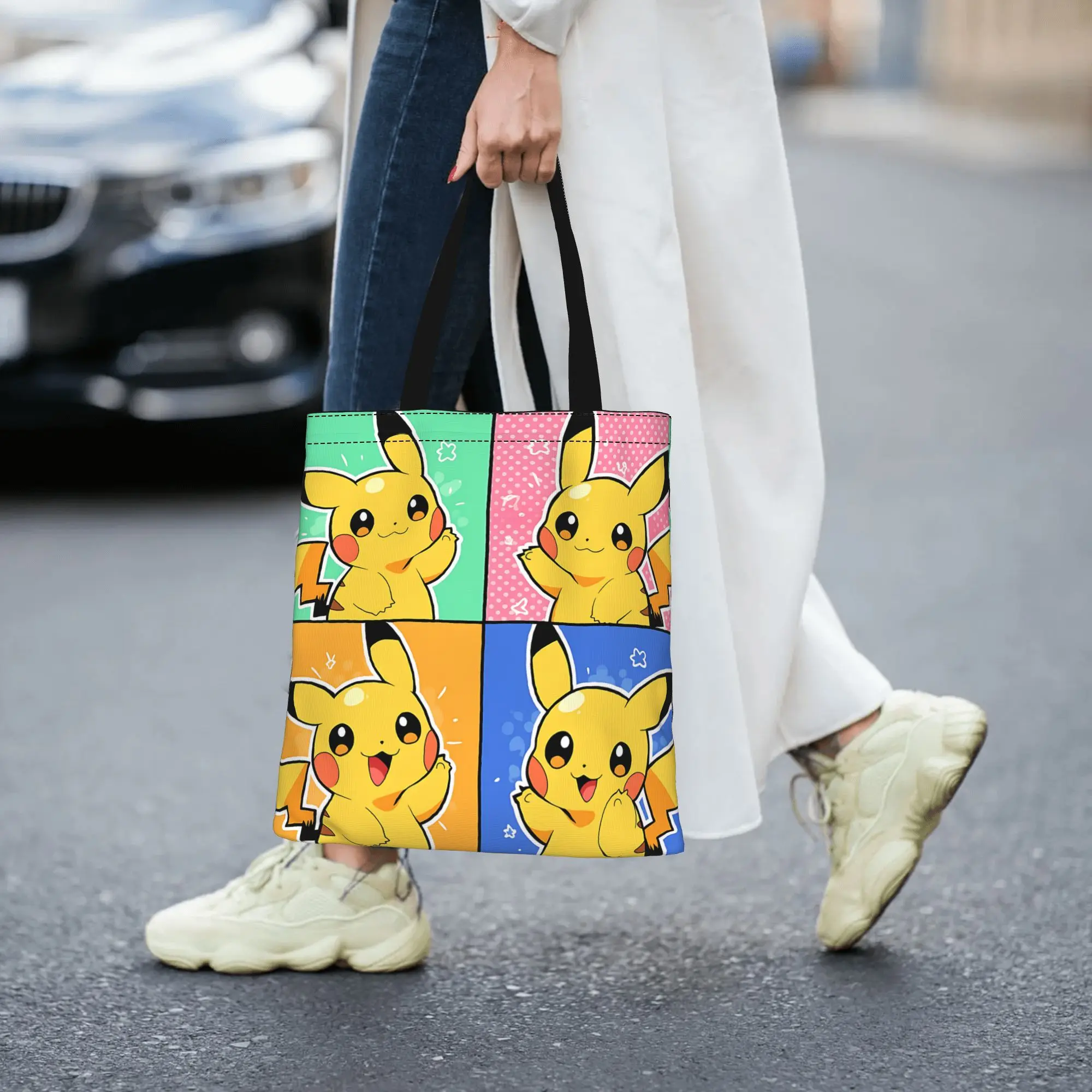 Customized Cartoon Pokemon Theme Women's Bag Shopping Bag Reusable Double Sided Canvas Tote Bag Shoulder  Handbag