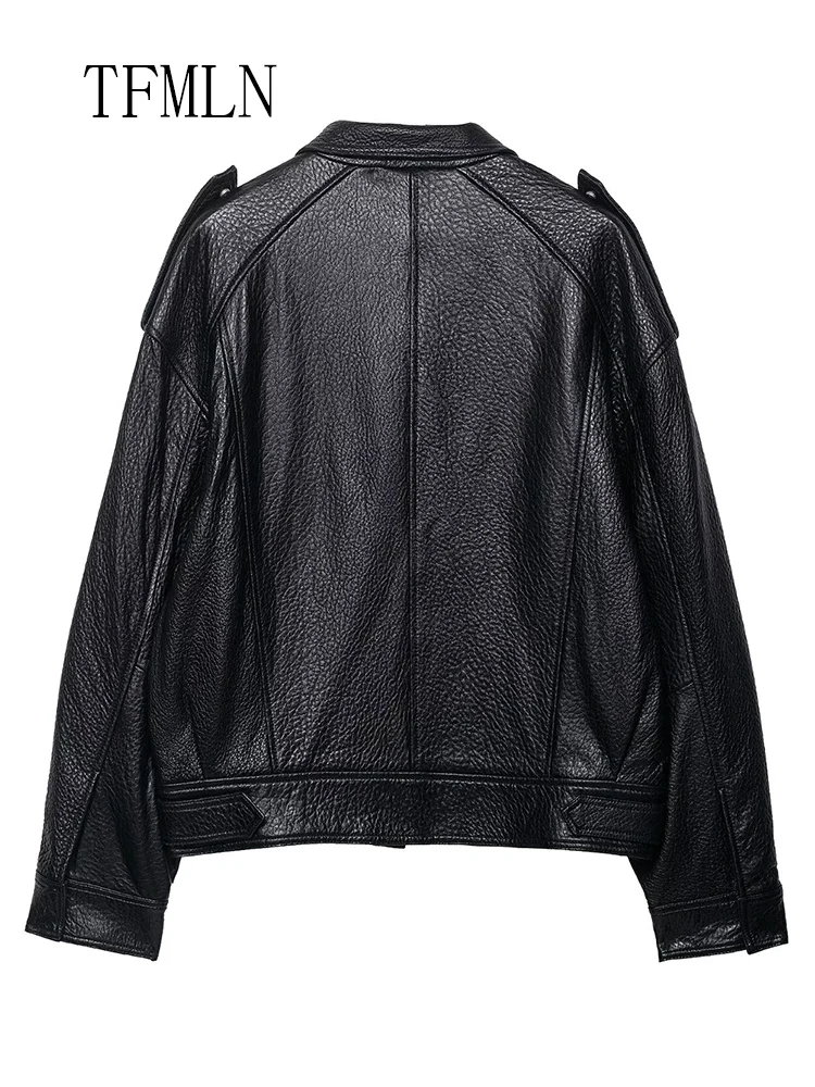 Chaqueta de piel sintética para mujer, abrigo Retro holgado de manga larga con bolsillos y cremallera, abrigos elegantes para mujer, prendas de vestir exteriores para Otoño e Invierno 2025