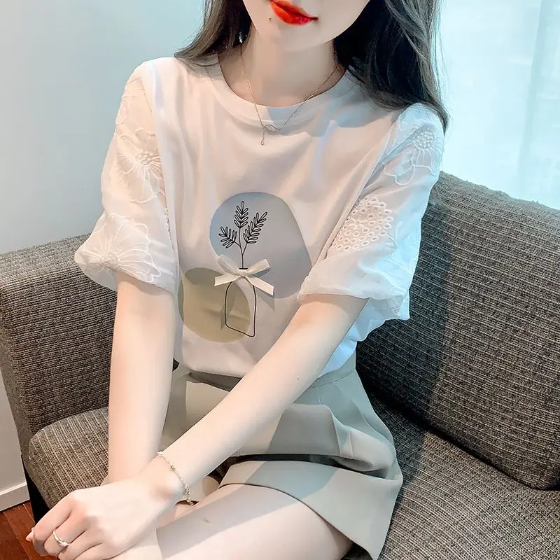 Sweet O-Neck Printed Spliced Bow Puff Sleeve Blouses Female Clothing 2025 Summer New Loose Korean Pullovers Tops Casual Shirts