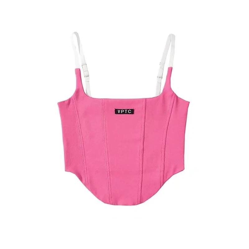

Elastic Double Layer Fibone Cut Sports Tube Top Adjustable oulder Strap Square Collar Color Blo Letter Patch Work