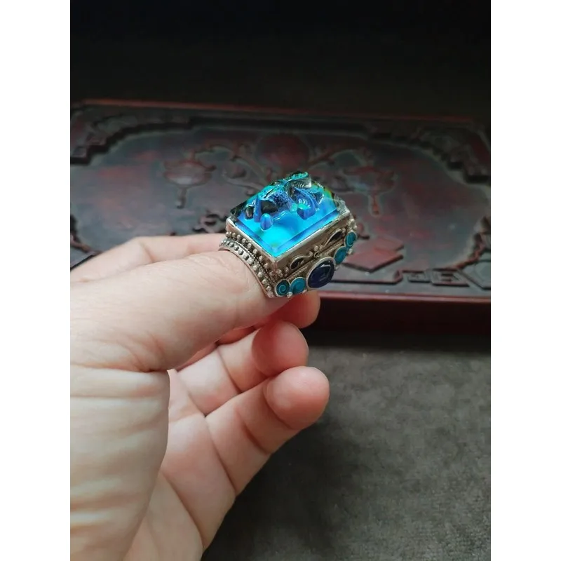 Antique, Elegant, Aged Patina, Old Silver Inlaid With Color-Changing Stone, Goldfish , Adjustable Ring