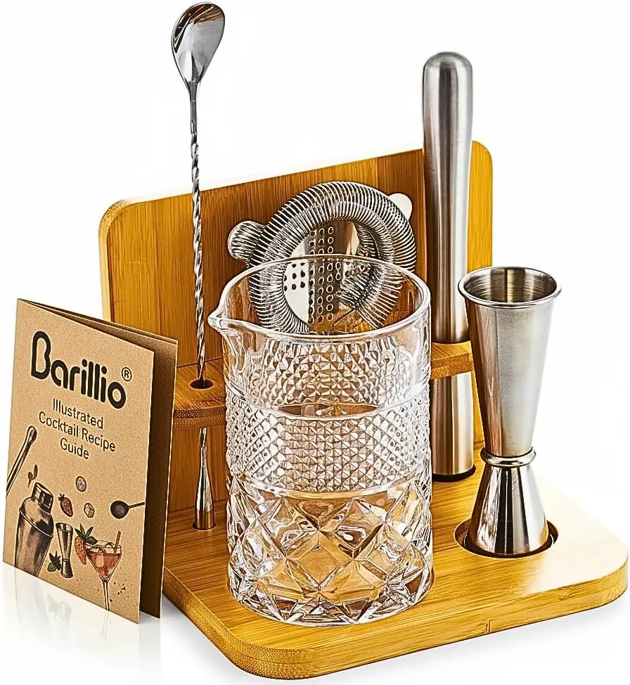

24 Oz Crystal Cocktail Mixing Glass with Bamboo Stand & Bar Tools, Lead-Free, Weighted Base for Professional Stirring