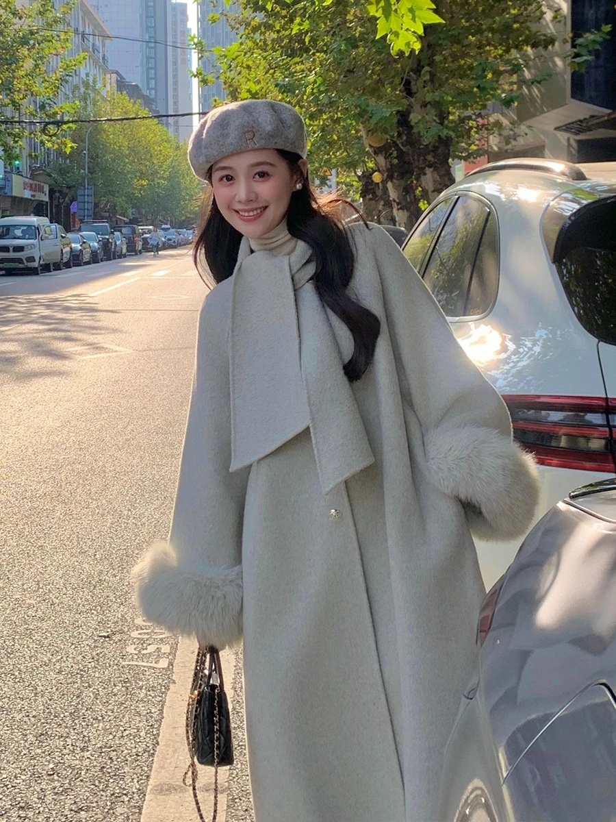 

Double-Sided Camere Scarf Coat Women's Winter New Sle Fur Splicing Woolen Coat Korean Sle Commute Pure Color Long S...