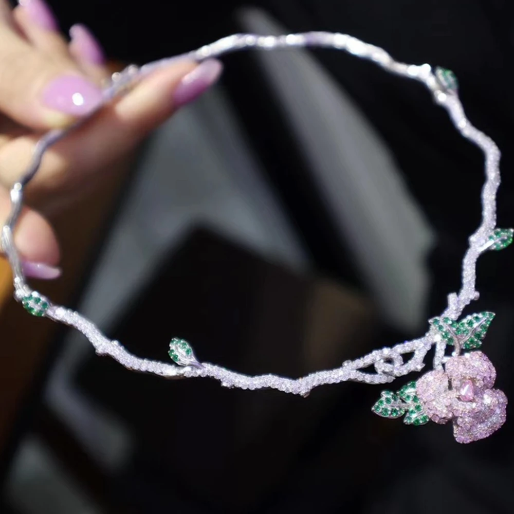 

Vintage Yellow Pink Flower Rose Full Carbon Diamonds Zirconia With 925 Sterling Silver Collar Necklace Women's Choker for Party