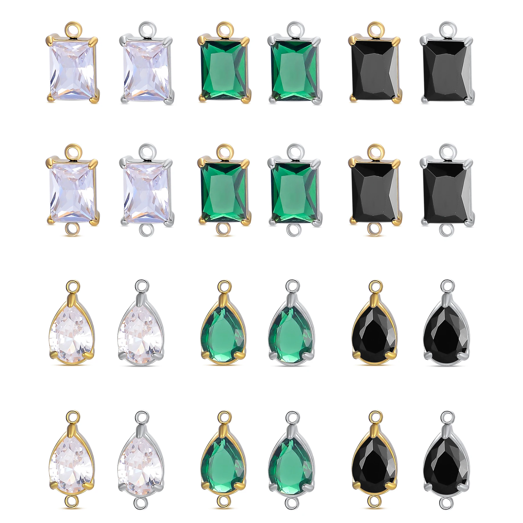 5pcs Stainless Steel Black Green Zircon Pendants Square/Teardrop Charms 2 Holes Connectors DIY Necklace Bracelet Jewelry Making