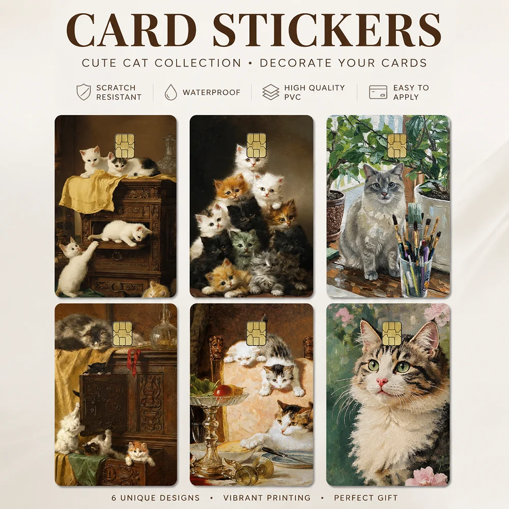 10PCS Vintage Oil Painting Cat Bank Card Sticker PVC Credit Card Skin Cover Cute Kitten Protective Card Decal Waterproof