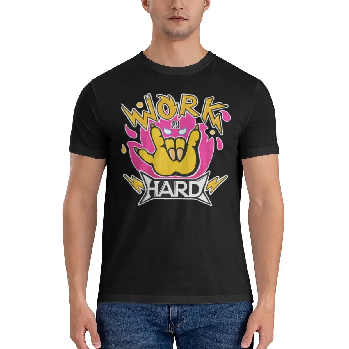 Work Hard T-Shirt Men Aggretsuko Aggressive Retsuko Humorous Pure Cotton Tees O Neck Short Sleeve T Shirt Birthday Present