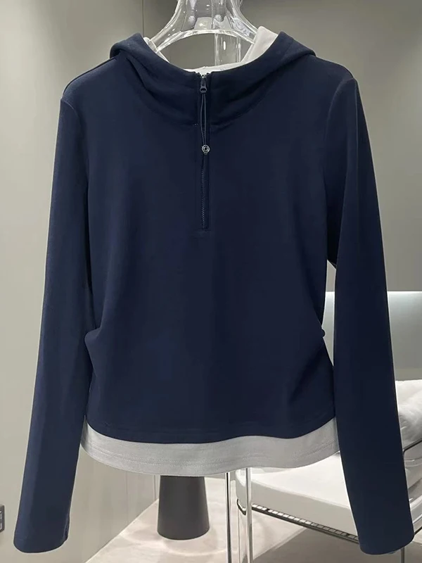 

Large Size Casual Versatile Fake Two-Piece Hoodie Women's Spring New Style Color Block Splicing Long Sleeve Top
