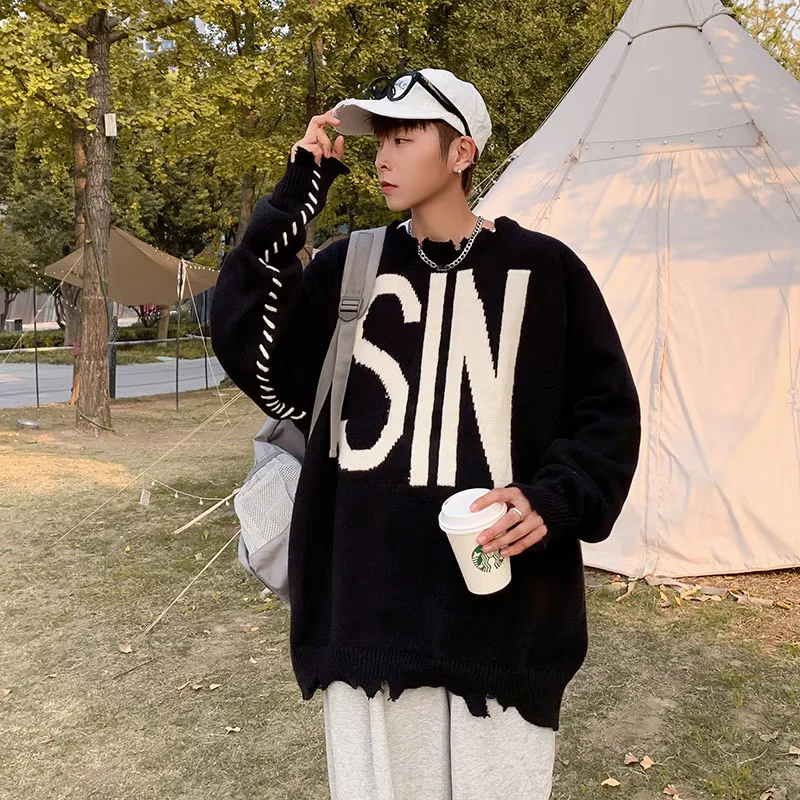 

Loose Fit Men's Knitwear Letter Print round Ne Sweater Faionable Street Sle Autumn Winter Large Size 250 Pou