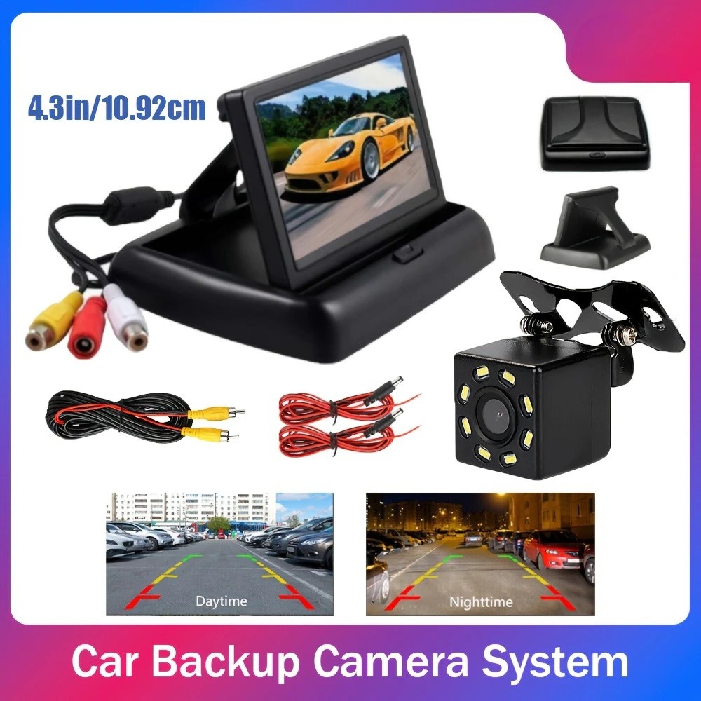 4.3 Inch Reversing Camera with Folding Monitor Kit - Ultra Clear Night Vision View with 8 LED Lights for SUVs, Pickups, and RVs