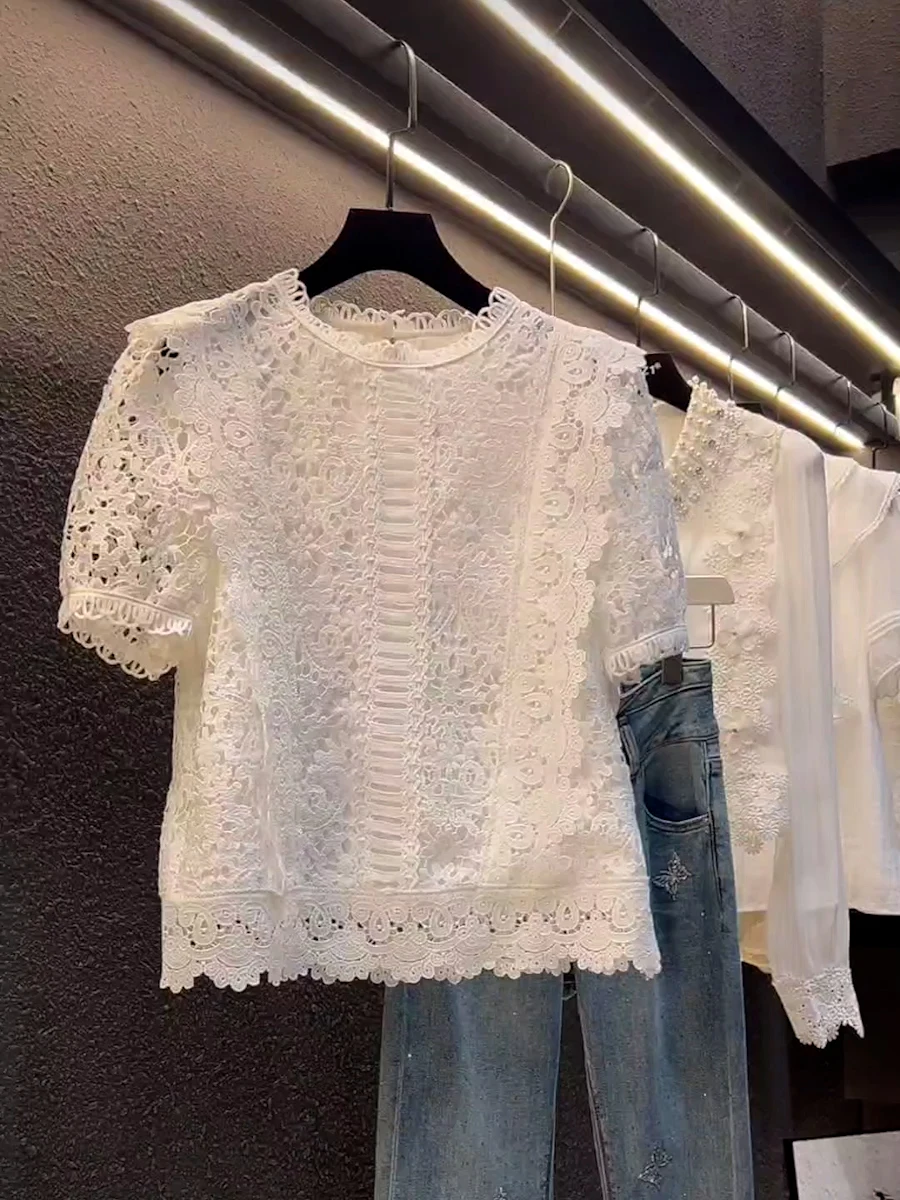 Summer New Women's Short Sleeve T-Shirt round Neck Loose Lace Splicing Elegant White Shoulder Top Korean Style Commute Wind