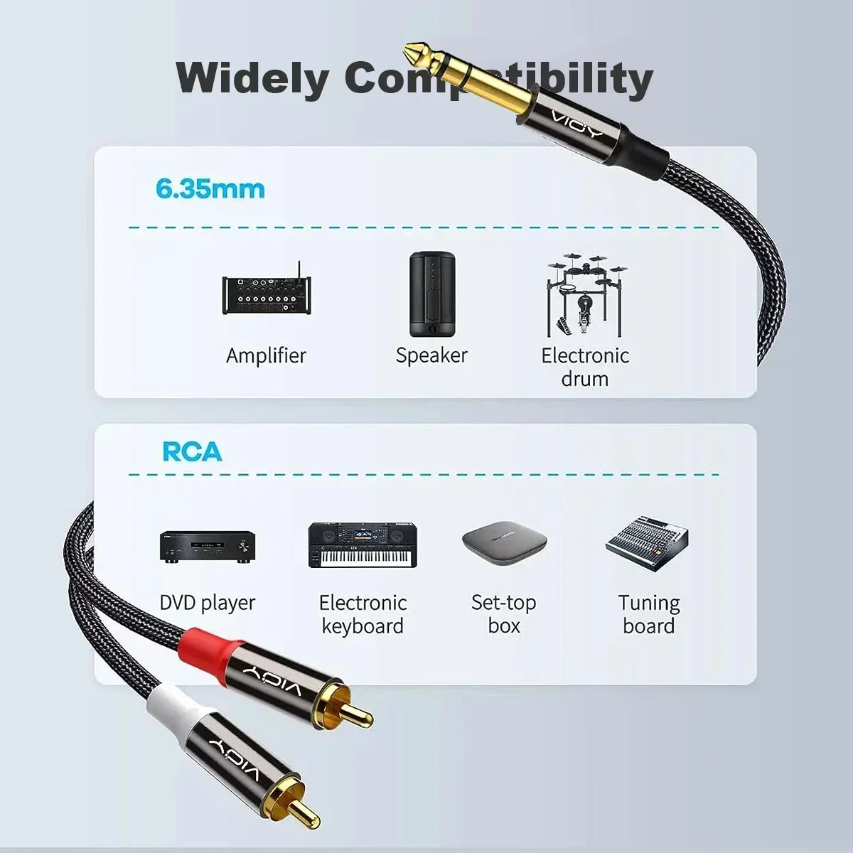 6.35mm To 2RCA Cable 1/4Inch Male TRS To Dual RCA Male Stereo Audio Y Splitter Cable for Guitar Speaker Amplifier Sound Card Etc