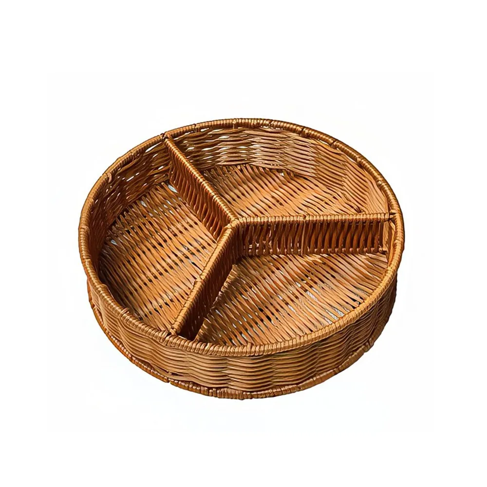 

Handmade Imitation Rattan Storage Basket Divided Sturdy Woven Fruits Serving Tray Large Capacity Round Desktop Snacks Organizer