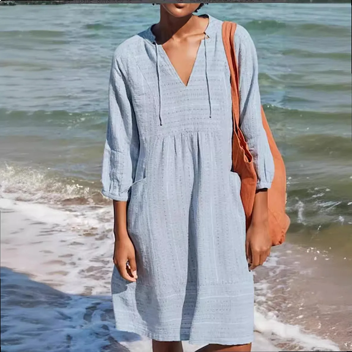 Spring Summer Linen Cotton Jacquard Dress Dresses V Neck Loose Casual Pocket Elegant Jumpsuit Playsuit