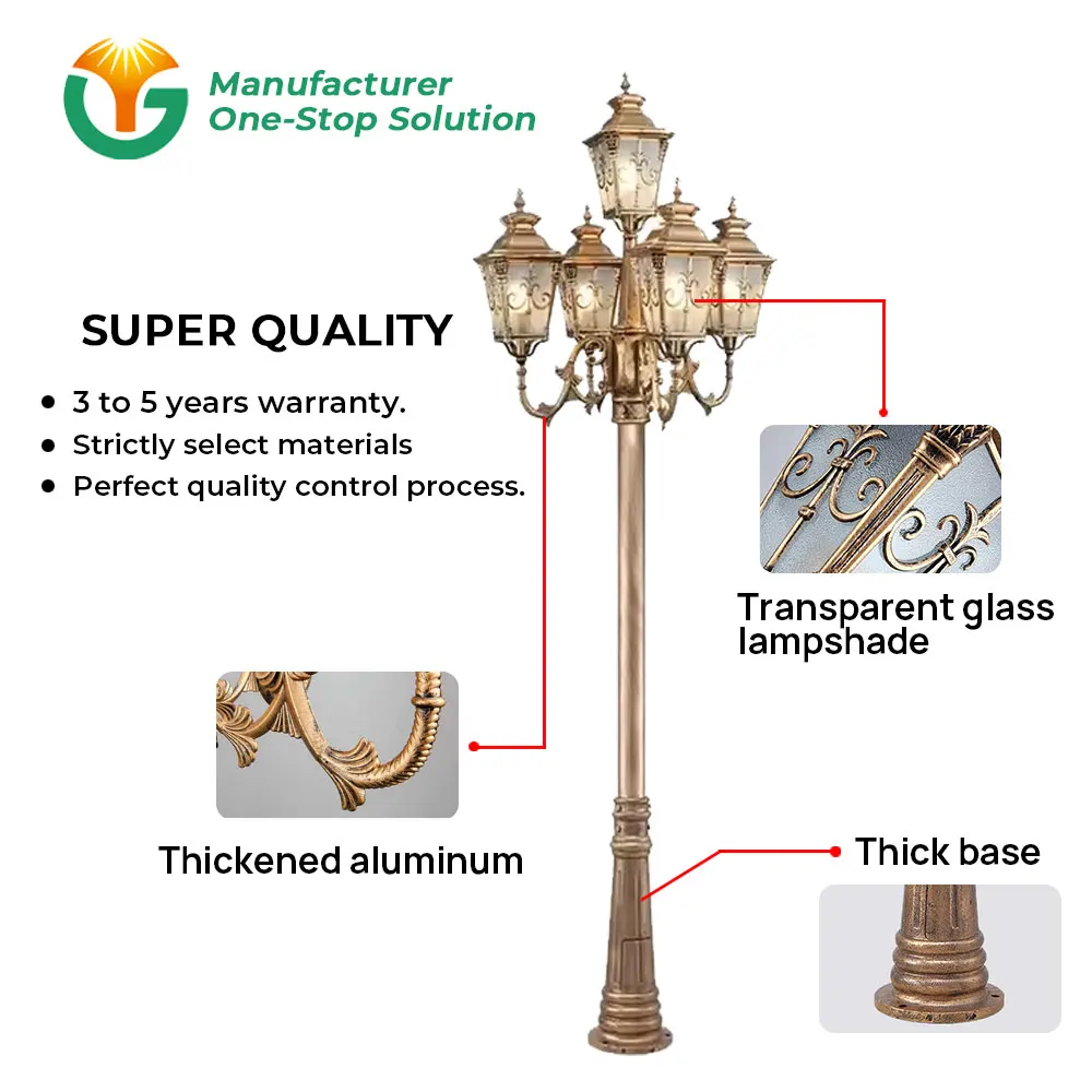 Customize Outdoor 5 Head Classic Garden Pole Light IP65 Waterproof  Antique Pole Light Aluminum Decorative Street Lighting