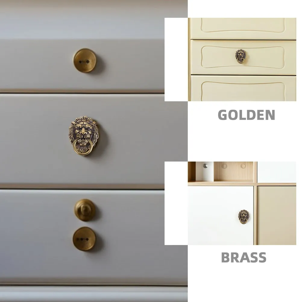 Lion Head Door Handle Vintage Brass Cabinet Pull Knob Dresser Drawer Wardrobe Furniture Hardware Chinese Aesthetic Design