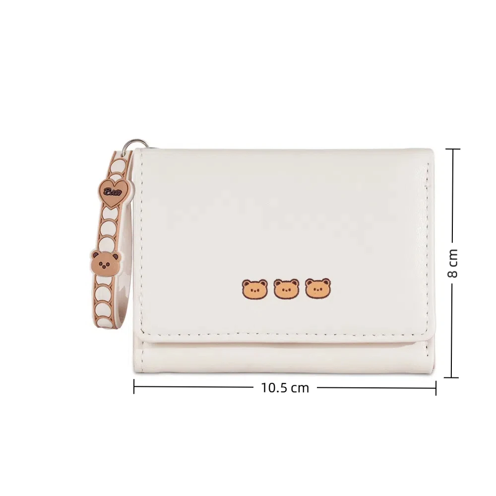 Sweet Pink Color Short Wallet With Hand Strap Cartoon Bear Coin Purse Solid Color Card Bag Women