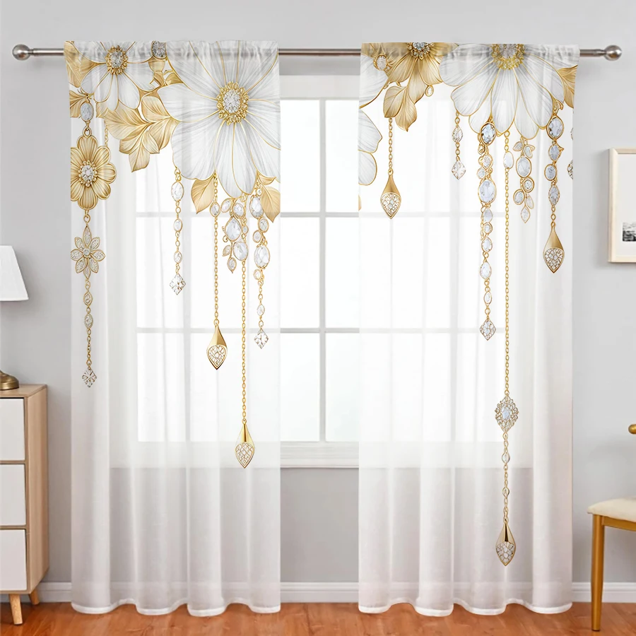 2PCS Digital Print Sheer Curtain, Gold Edge White Daisy Flower Floral Elegant Window Drapes for Living Room Bedroom Home Decor