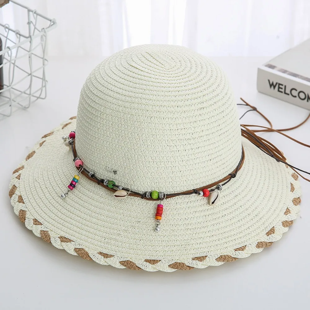 

Western Country Style Bohemian Beaded Strap Straw Hat Spring Summer Wide Brim Folding Straw Hats Travel Beach Women's Sun Hat