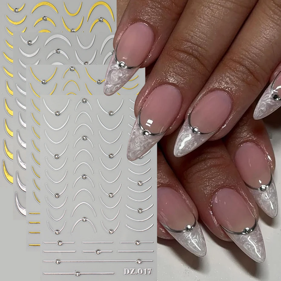 2 Stück 5D geprägte Strass-Nagelaufkleber im französischen Stil, Y2K, silbrig-goldene Kristall-Nagelaufkleber mit französischer Wellenlinie, selbstklebende Nagelaufkleber