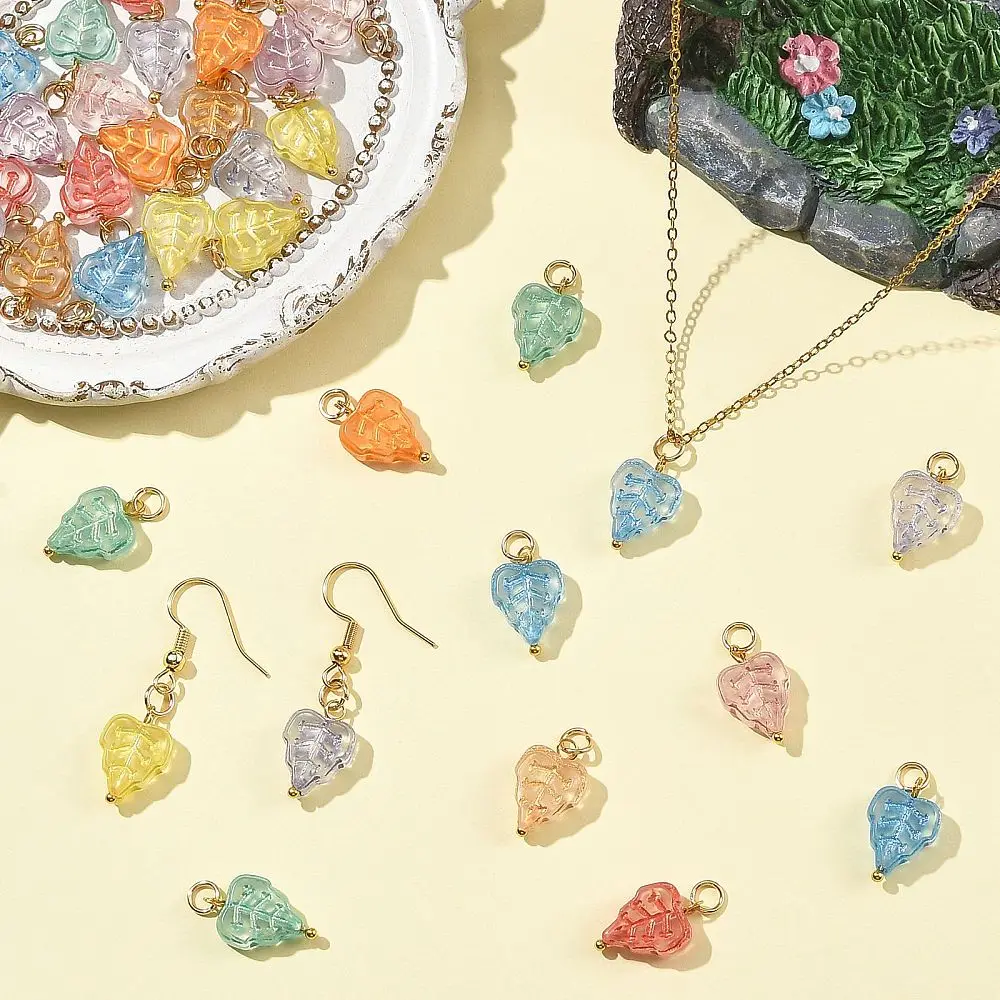 40pcs Transparent Glass Leaf Charms Mixed Color Leaf Pendants for DIY Earring Bracelet Necklace Spring Jewelry Making Supplies