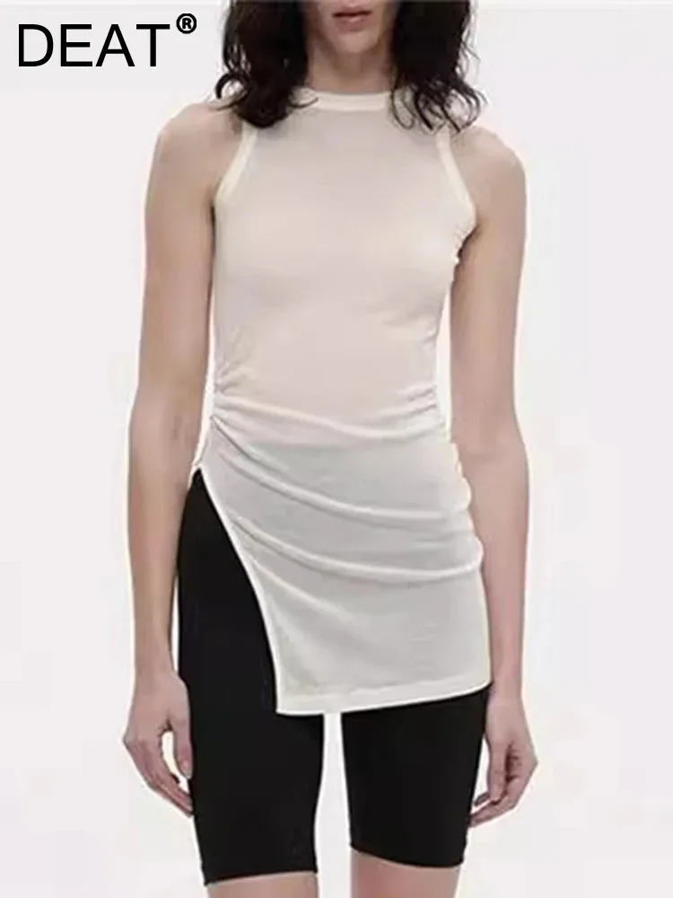 DEAT Fashion Sexy Women\'s Short Tank Tops Round Collar Sleeveless Folds Side Split Slim Thin Tops Summer 2024 New Tide 7AB4130