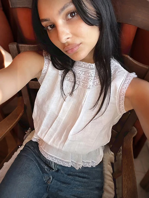 

French Sle Lace Splicing Linen Double-Sided Wear Svel round Ne T-irt Ele Top Women's Summer Faion 2025