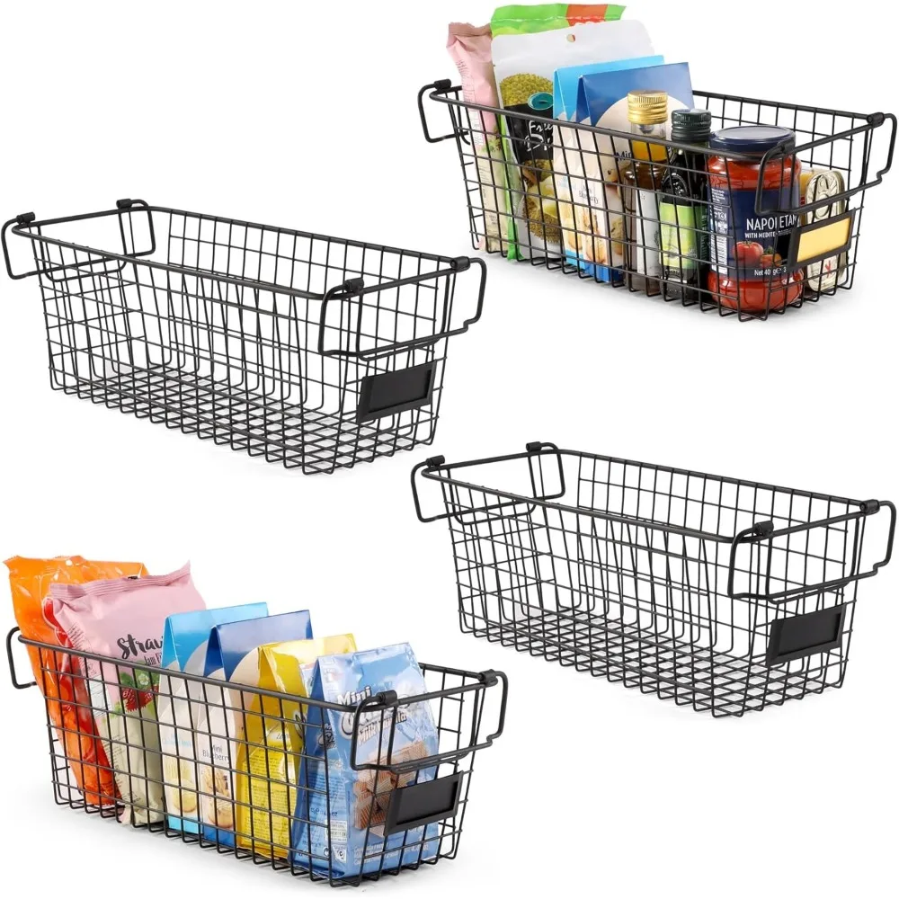 

4 Pack [ XL Large ] STACKABLE Wire Baskets for Organizing - Pantry Storage and Organization Metal Bins for Produce, Food, Fruit