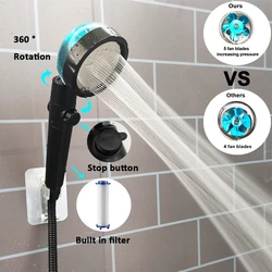 Cabezal de ducha de hélice Turbo ABS, ahorro de agua de alta presión, rotación de 360 grados con botón de parada, filtro de ventilador, accesorios de baño