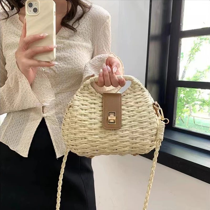 Fashion Straw Shell Women Handbags Woven Box Shoulder Crossbody Bags Handmade Summer Beach Bag Small Purses Vacation 2024