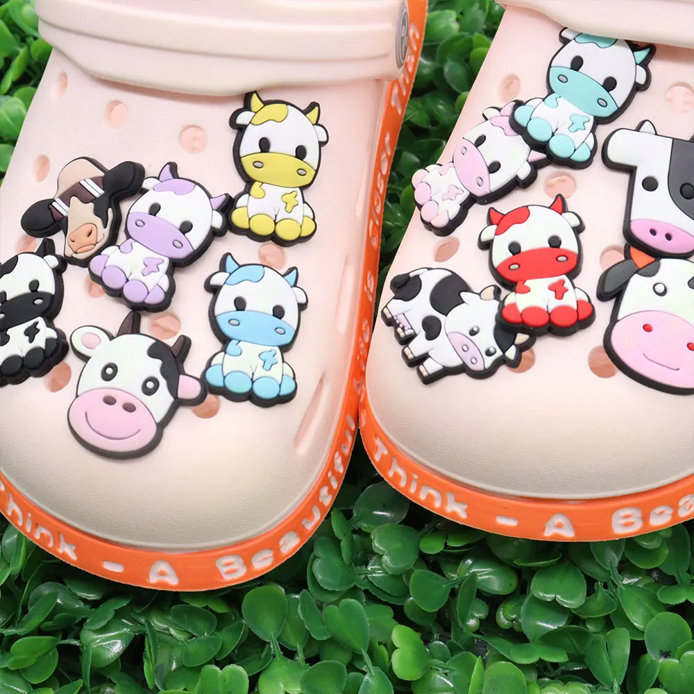 Mix 50pcs PVC Cartoon Colorful Animal Cow Series Shoes Charms Accessories Buckle Clog Decorations DIY Wristbands Kid Boys Gift