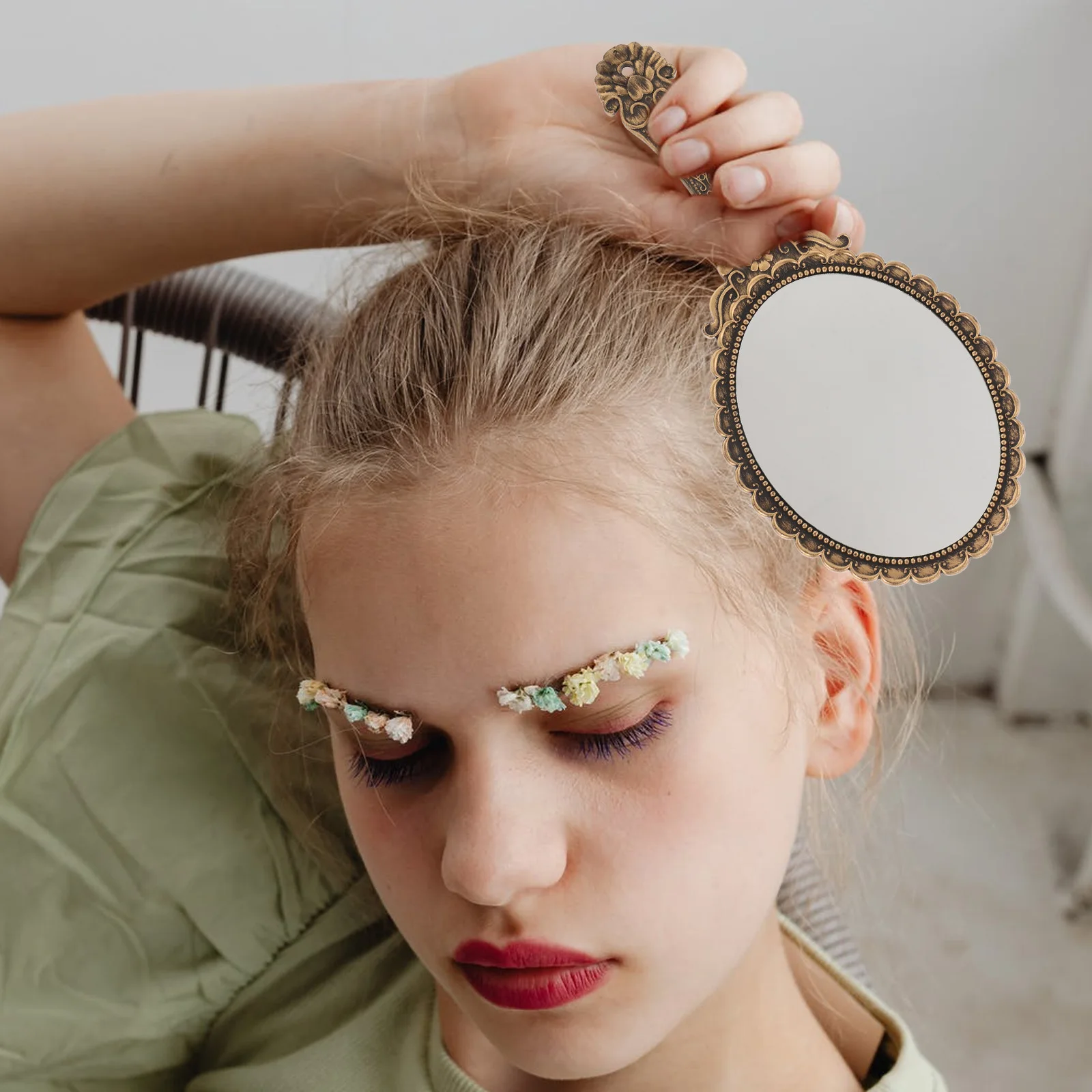 Small Vintage Hand Mirror Embossed Floral Decoration High Definition Portable for Travel and Everyday Beauty Routine Touch Ups