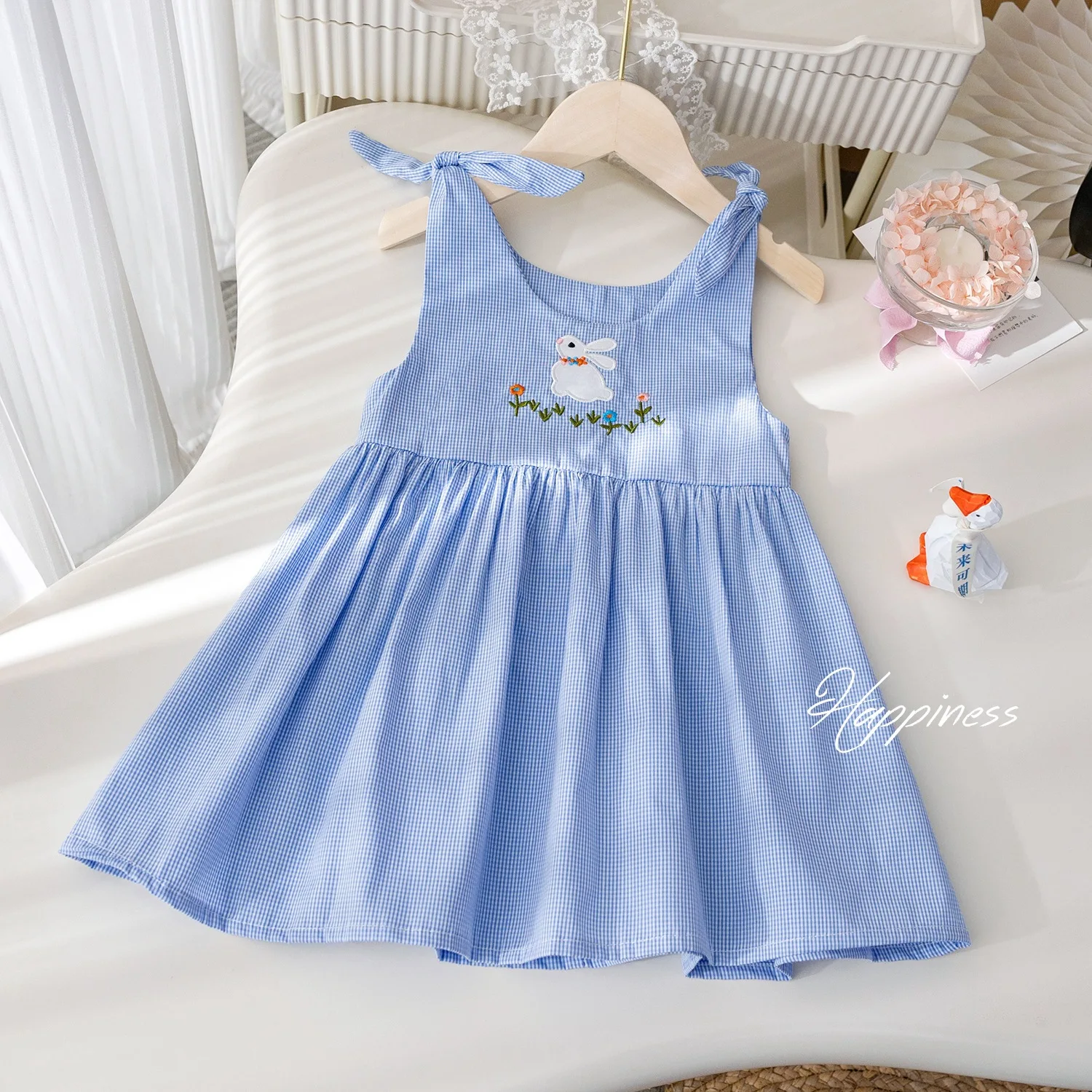 Girls Pastoral Style Pattern Vest Skirt Summer New Rabbit Embroidered Bow Suspender Skirt Baby Summer Skirt
