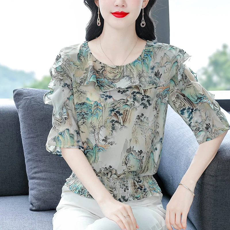 

Summer Floral Printed Shirt Elegant Fashion Women Chiffon Blouse 3/4 Sleeve Patchwork Mesh Casual Tops
