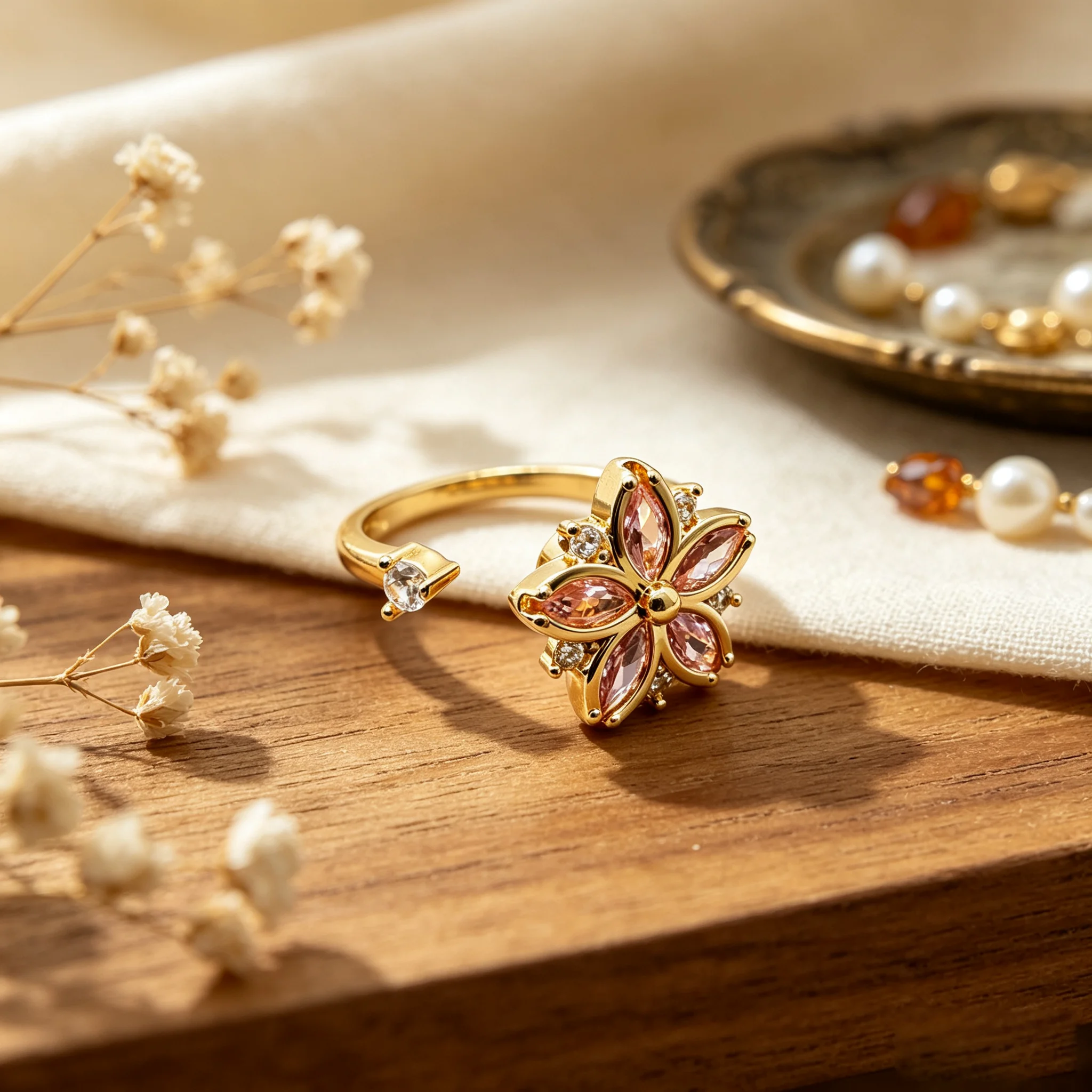 Rotatable Pink Crystal Sakura Flower Anxiety Ring Women Gold Plated Adjustable Open Band Fidget Spinner Ring Anti Stress Gift