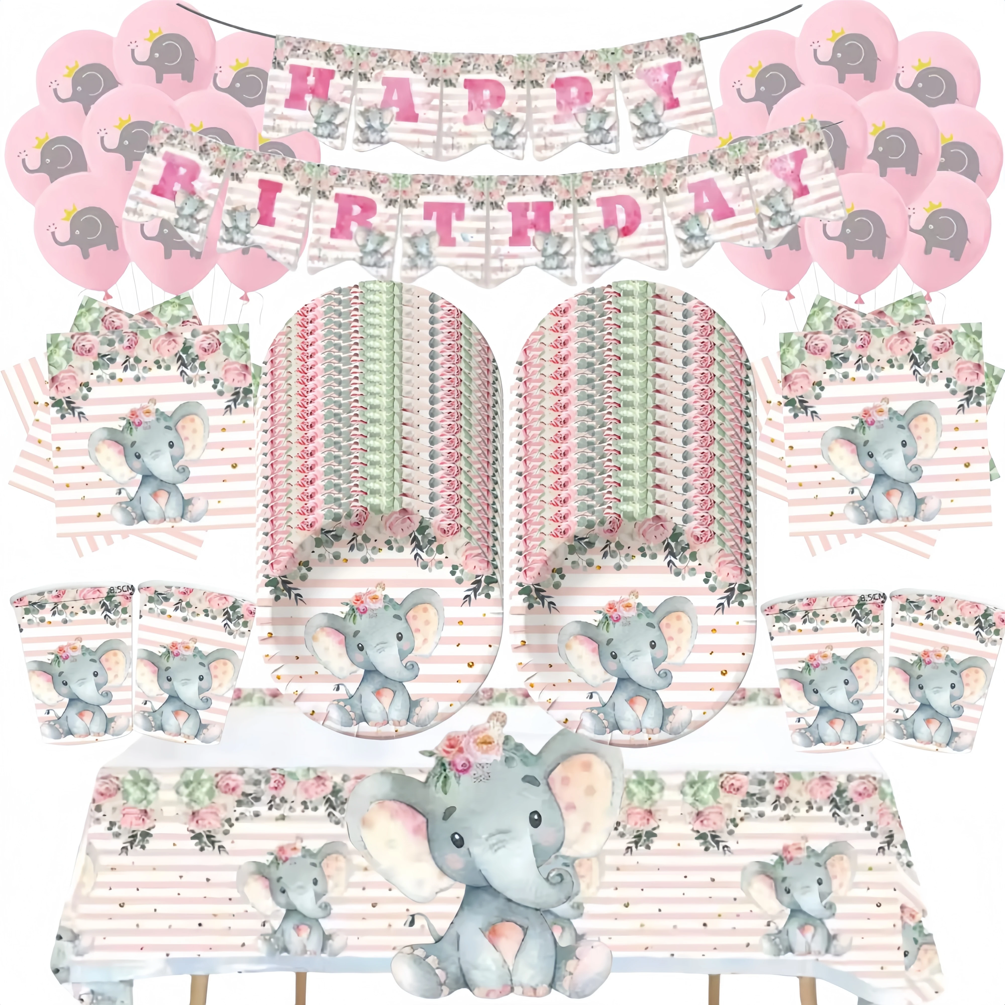 Juego de Decoración de Mesa Desechable con Temática de Elefantes Rosas y Flores, Platos de Papel, Vasos, Pancarta, Servilletas, Globos, para Suministros de Cumpleaños para Niñas