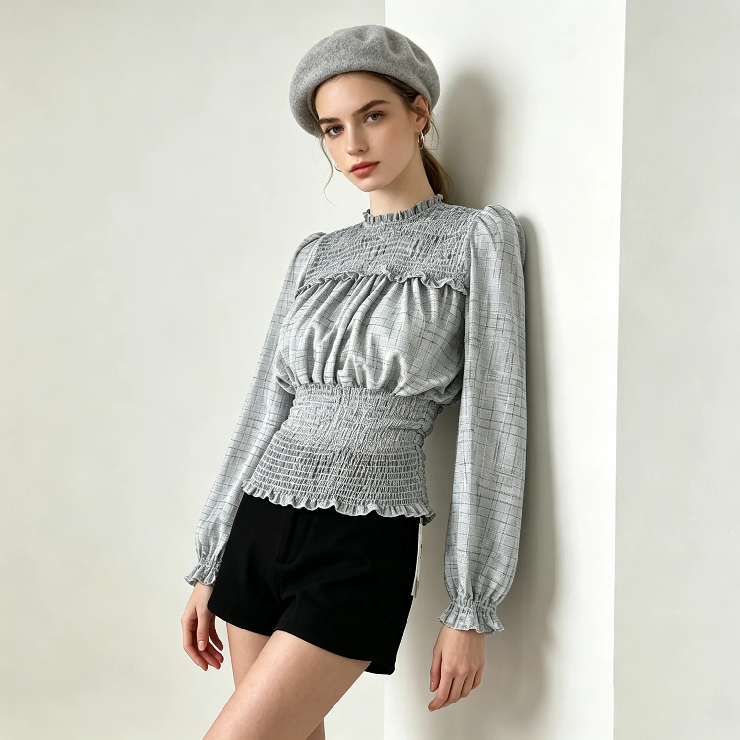 LIMO slim fit design plaid smocked blouse with ruffled details, long puff sleeves, elegant and chic, for daily and office wear.