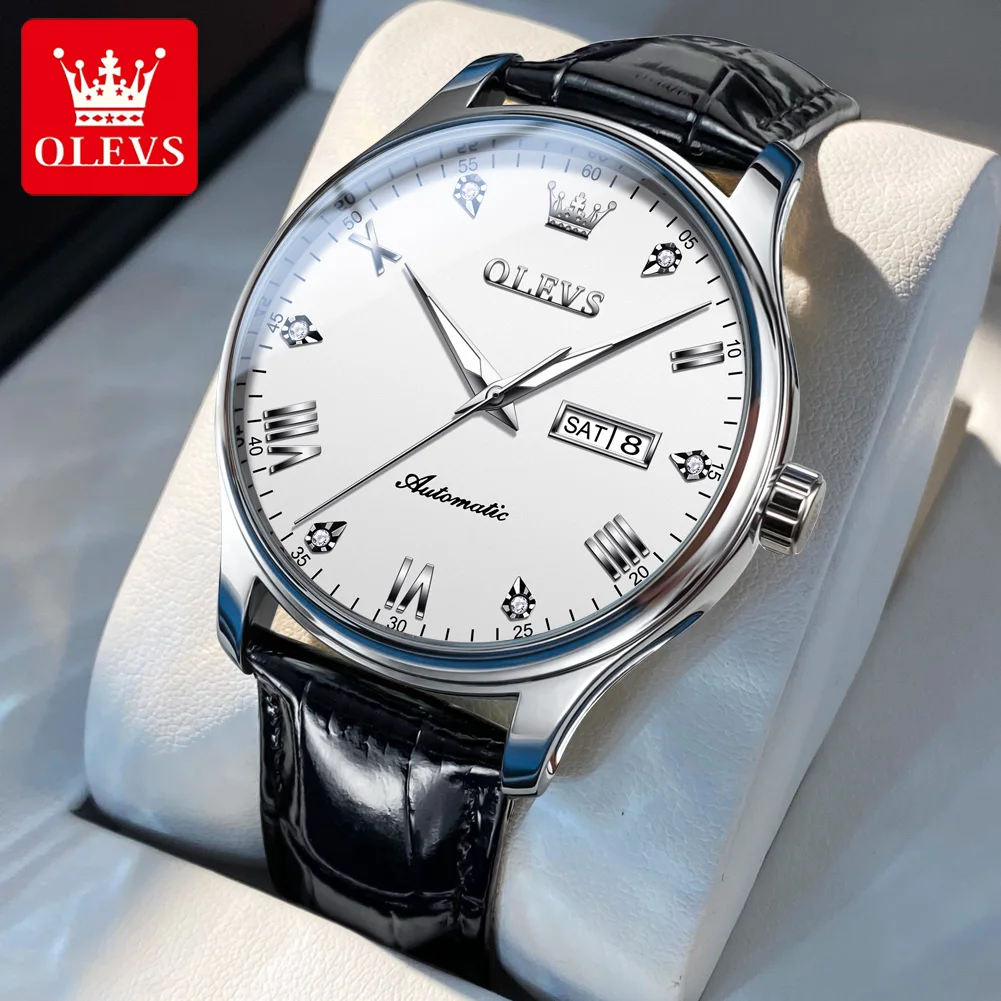 

OLEVS Original Waterproof Leather Strap Watch for Men Luminous Calendar Business Luxury Automatic Mechanical Fashion Men Watch
