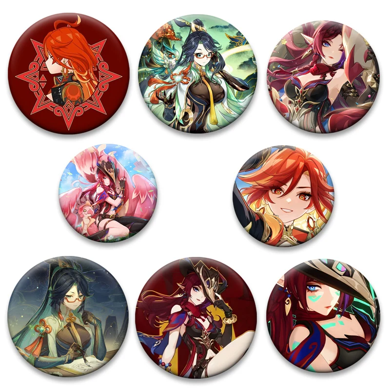 Mavuika,chasca,Pyro Archon,Haborym,Emilie,Xianyun Cartoon Pins Game Anime Figure Brooch Round Creative Badge Backpack Accessorie