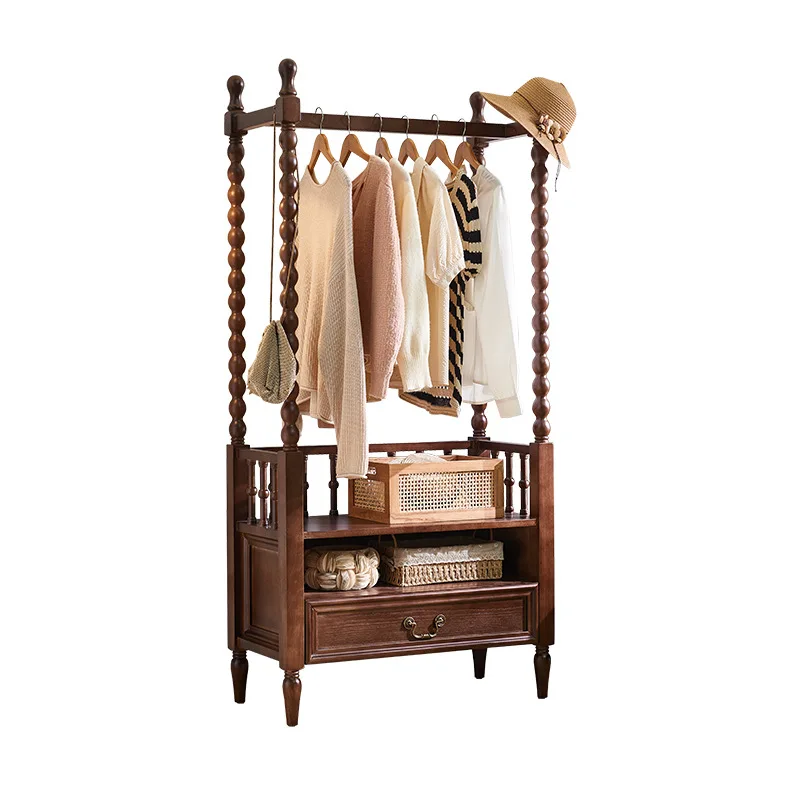 

French retro solid wood hanger, integrated multi-functional storage rack, floor coat rack with drawers in household bedroom