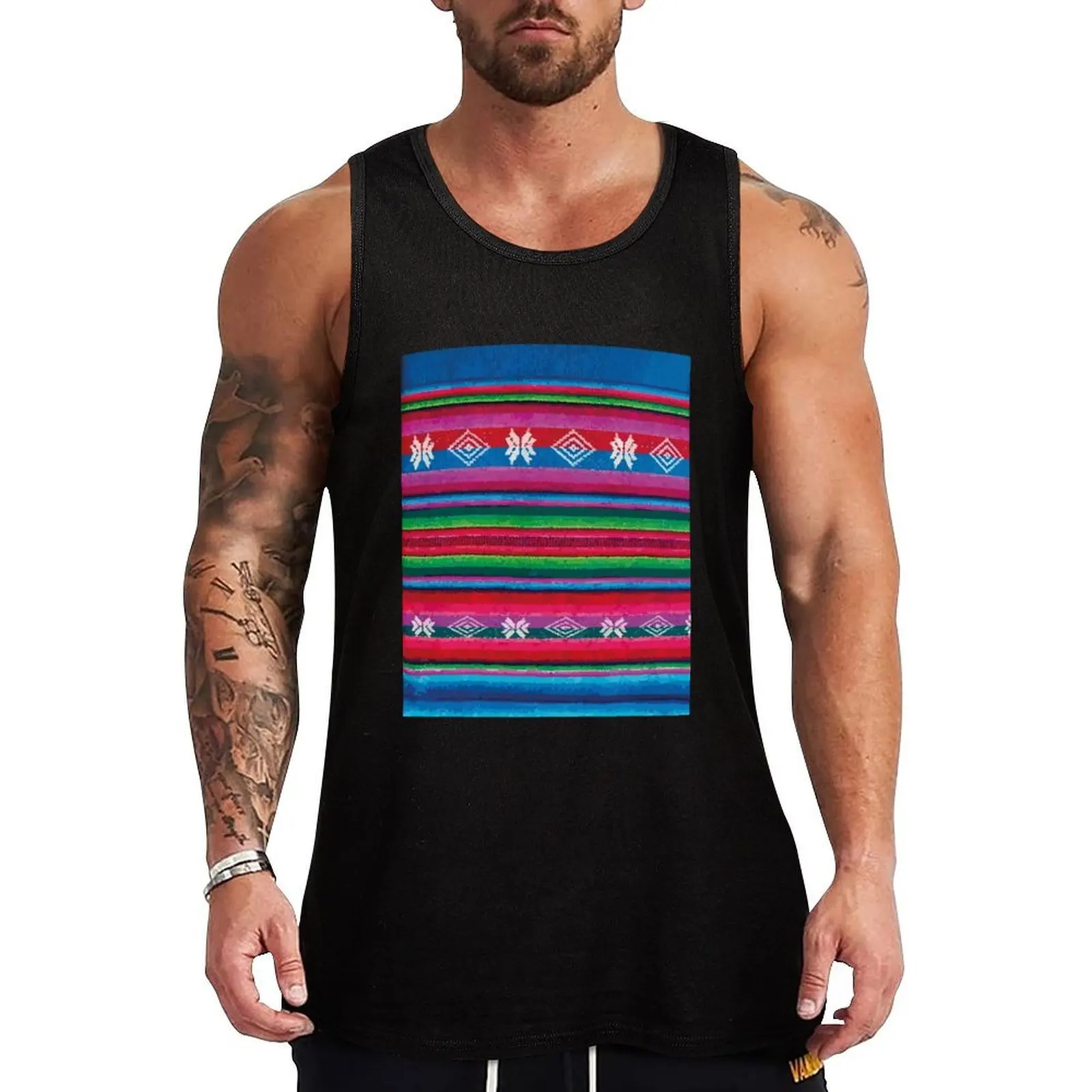 

Mexican serape embroidered poncho fabric rainbow maximalist decor Tank Top bodybuilding man T-shirt men summer Men's tops