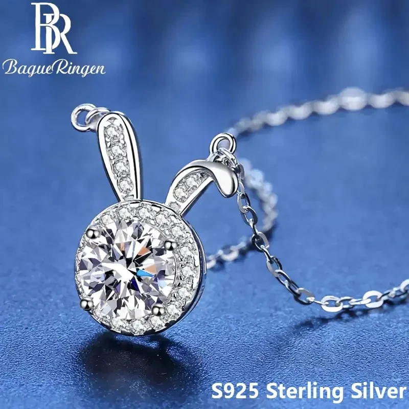 BR 6.5mm 925 Pure Silver Cute Bunny Sweet Female Fashion Rabbit Collar Chain D VVS1 Moissanite Necklace Fine Jewelry